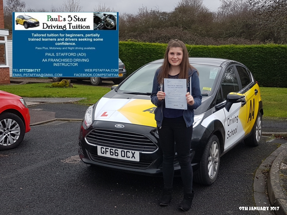 First time Test Pass Pupil Chloe Randall with Paul's 5 star Driving Tuition and Paul Stafford